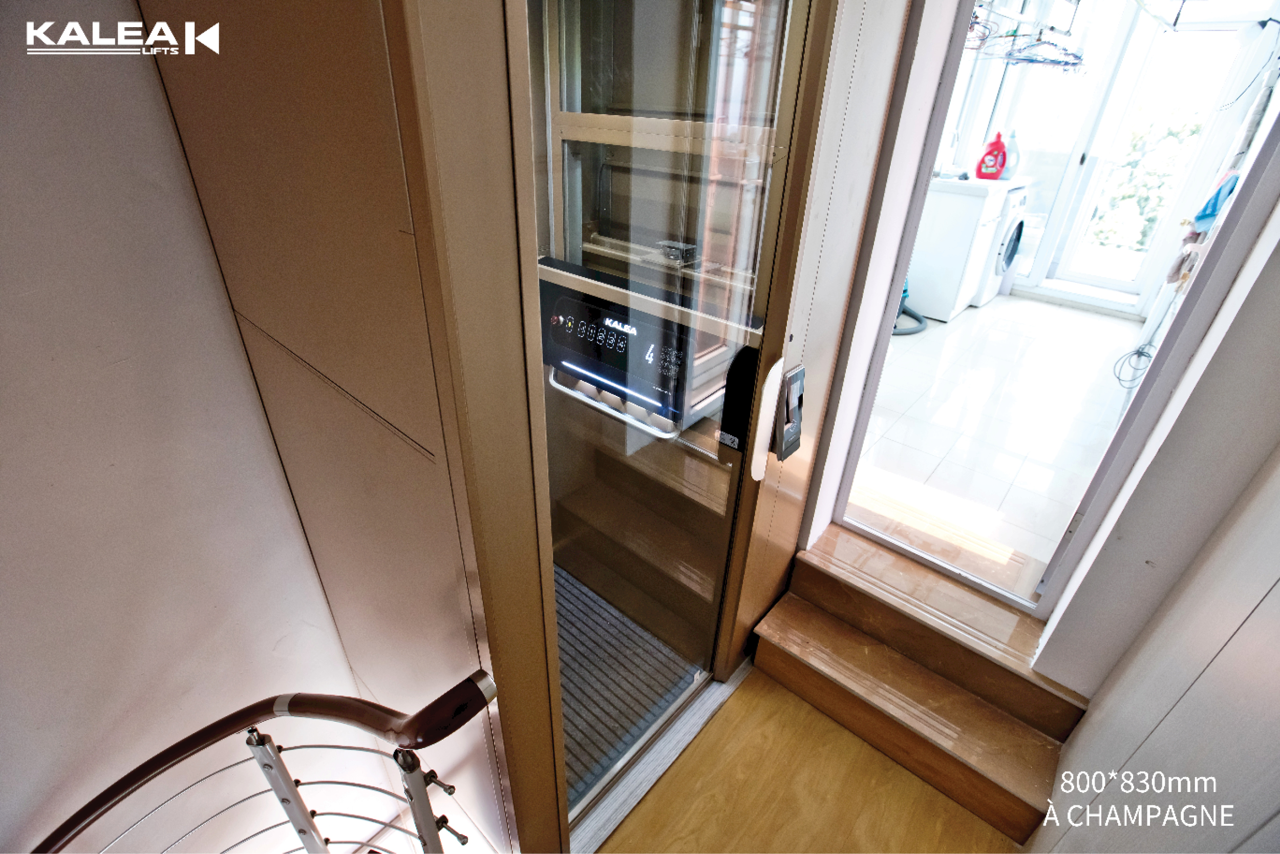 Private Home, Kosmos K70 model, Platform Size 800 x830mm, 1 Side Glass Shaft Powder Coated Anodic Champagne