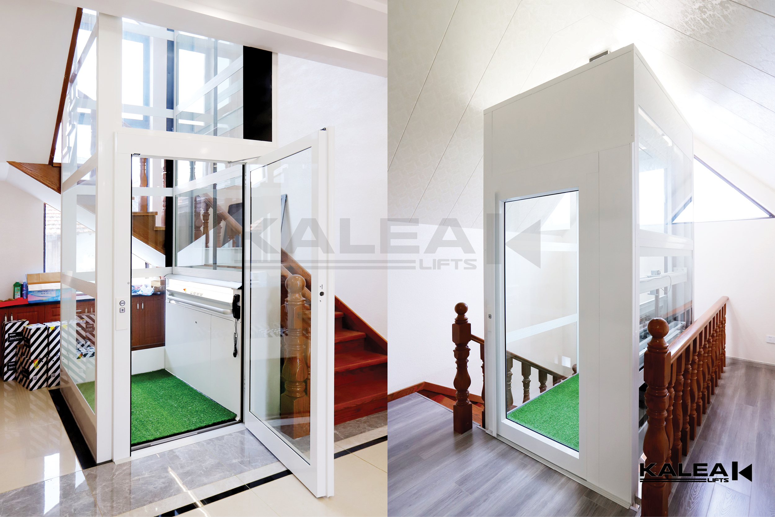 Private Home, Klassic model ,Middle of Stair, All Glass Shaft , Powder Coated White RAL9016