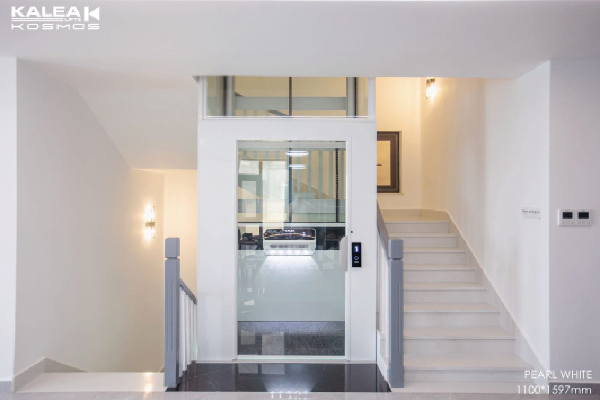 Private Home Middle Of Stair,Kosmos K90 model, All Glass Shaft Powder Coated White RAL9016