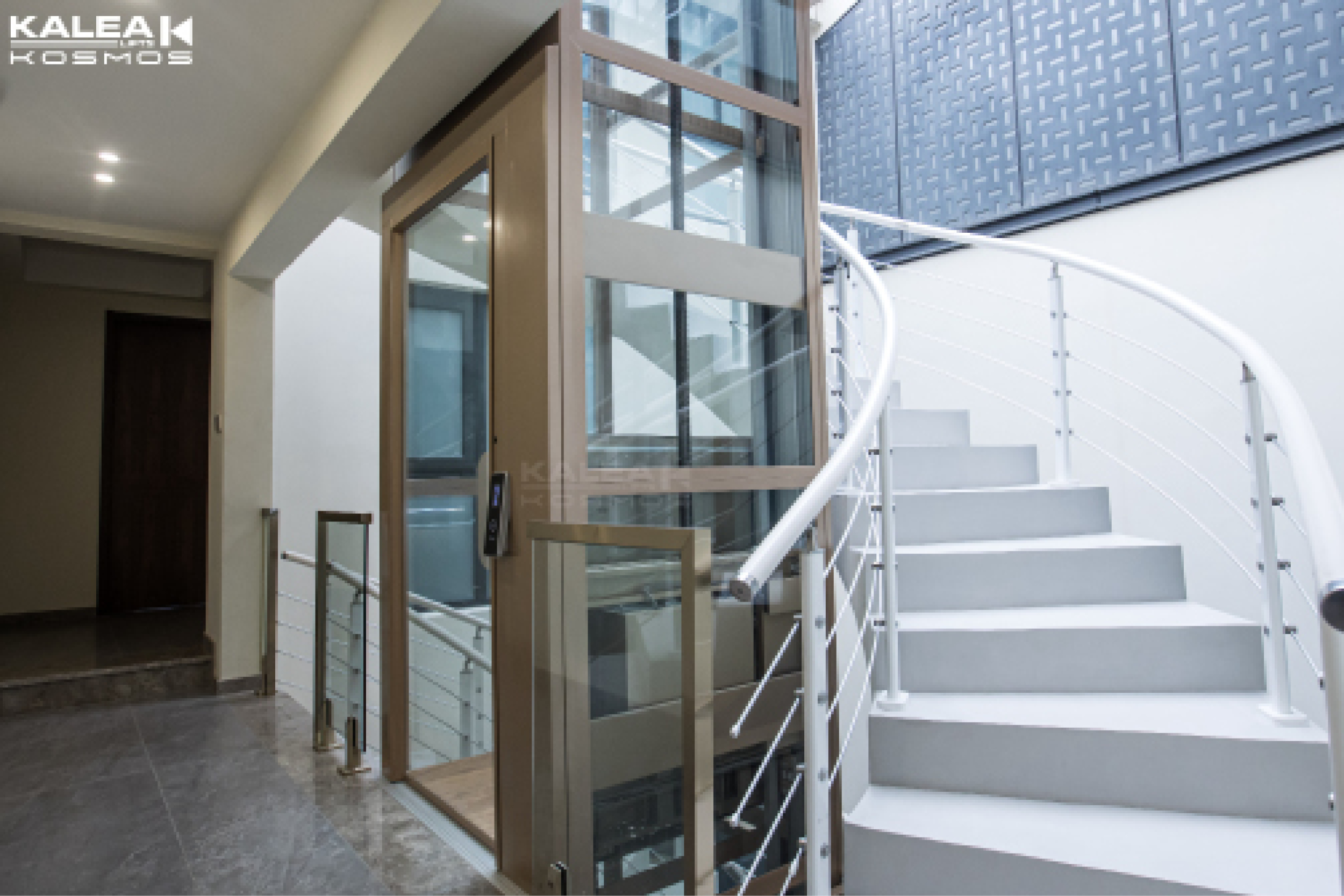 Private Home Middle Of Stair,Kosmos K70 model, All Glass Shaft Powder Coated Roman Gold