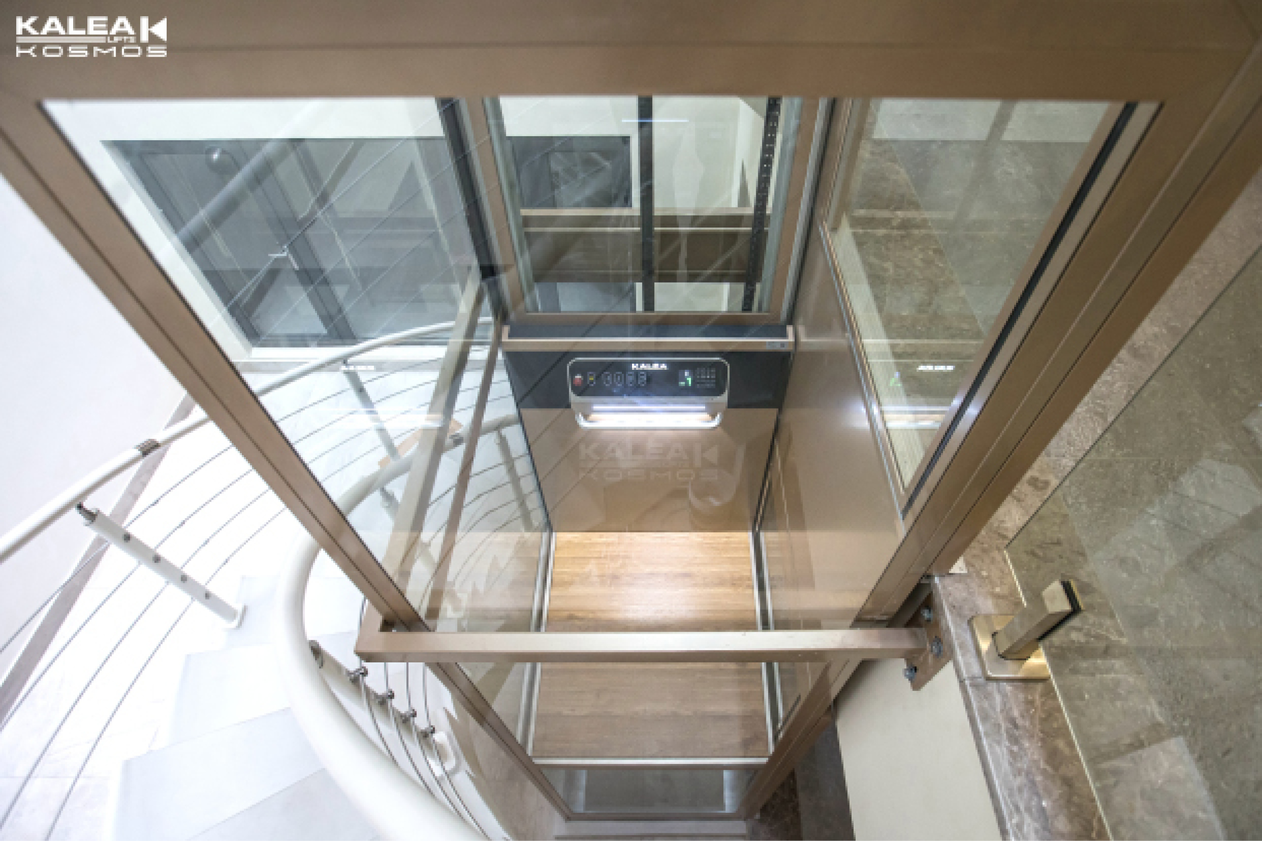 Private Home Middle Of Stair,Kosmos K70 model, All Glass Shaft Powder Coated Roman Gold